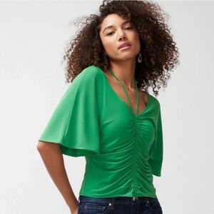 WHBM Matte Green Ruched Tie Cinched Front Kimono Knit Top XL $78 EUC KL